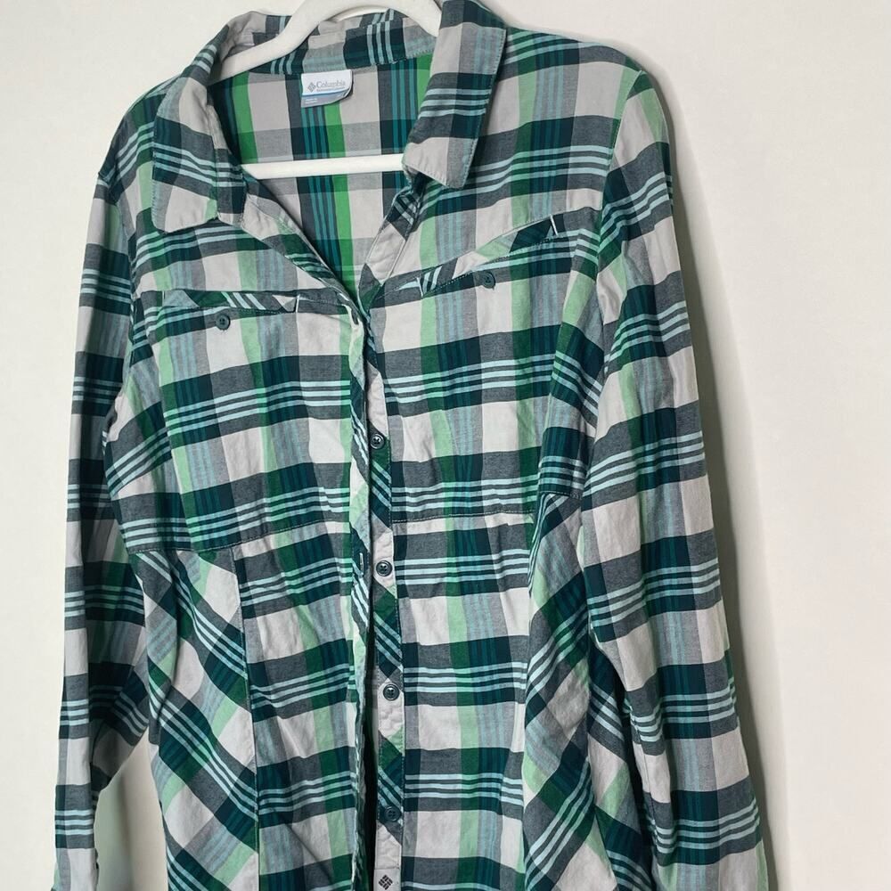 Columbia Blue Green Cotton Plaid Long Sleeve Shirt XL